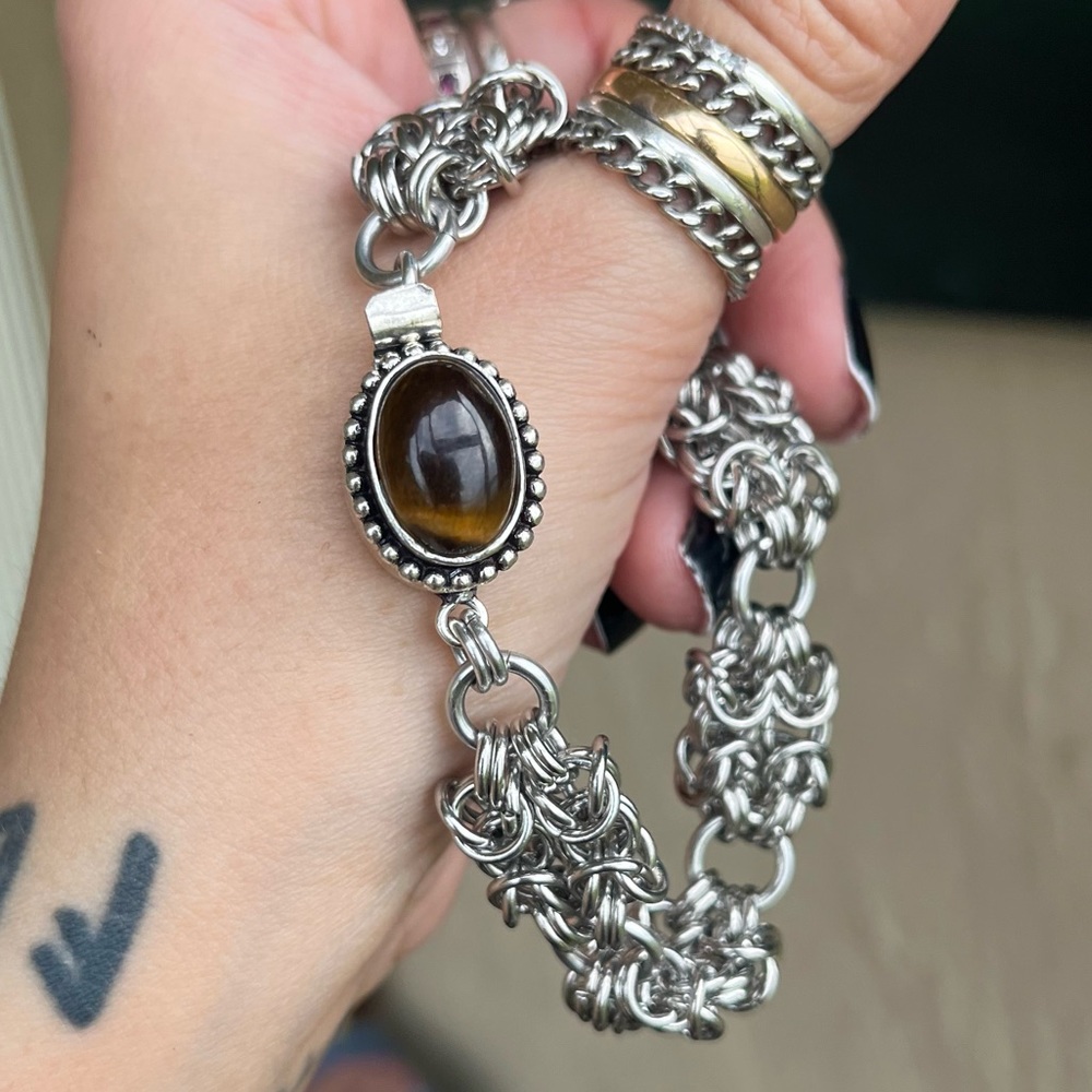 Maille stainless steel tiger eye bracelet . Handmade chain link - Picture 13 of 16